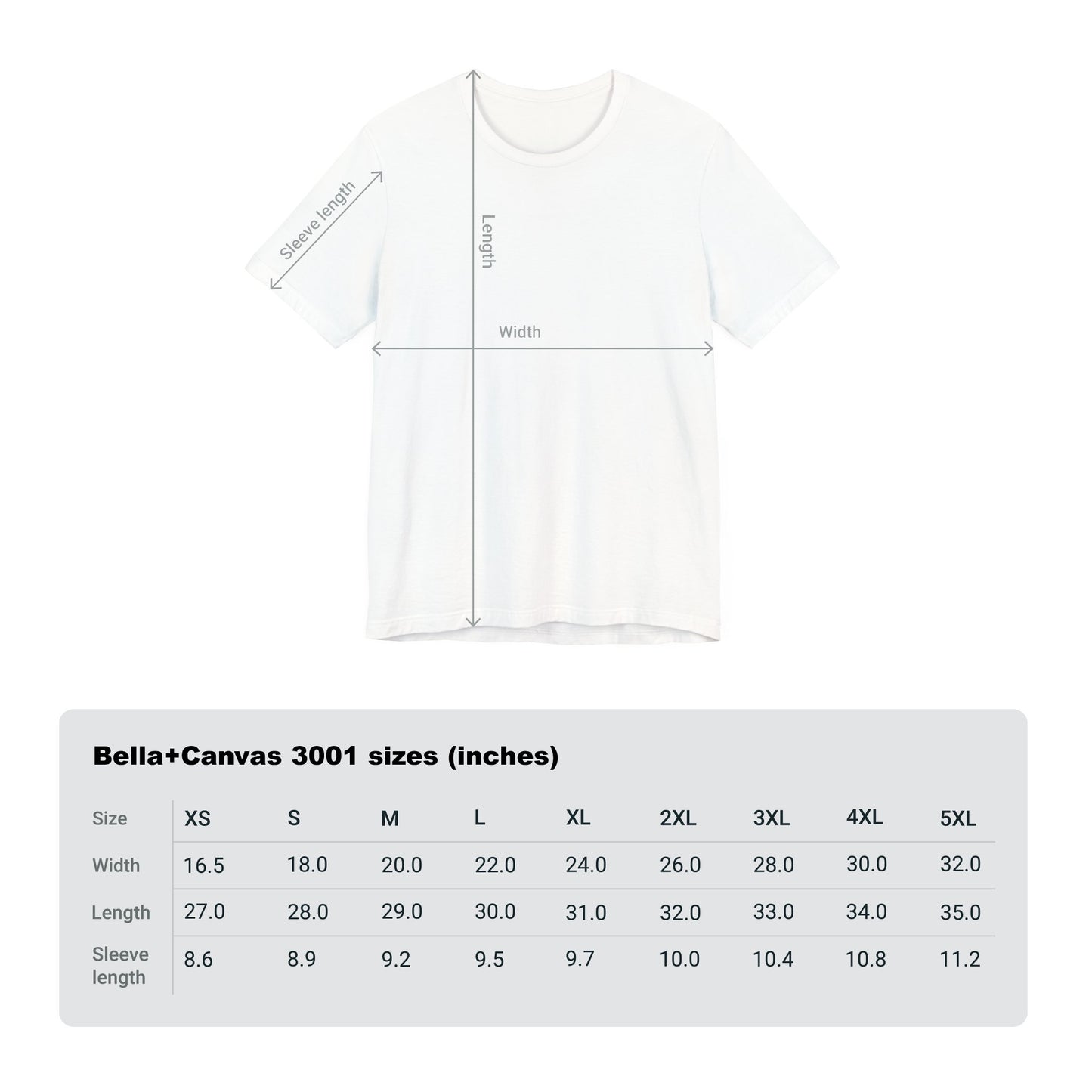 Bella Canvas Shirt Size Chart